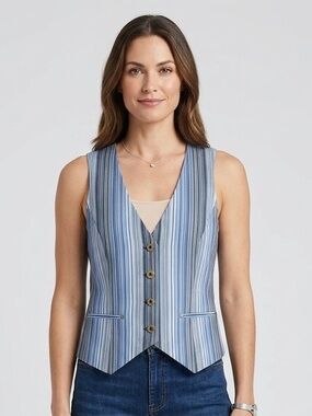 EVELYN Striped Button Front Vest 6 17.5” p2p Blue Multi EUC